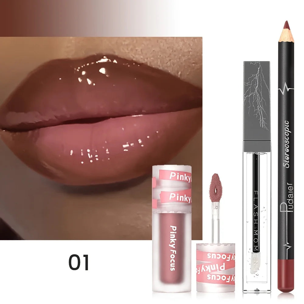 3-Piece Glossy Lip Set – Shimmer Lip Gloss, Lip Oil & Lip Liner