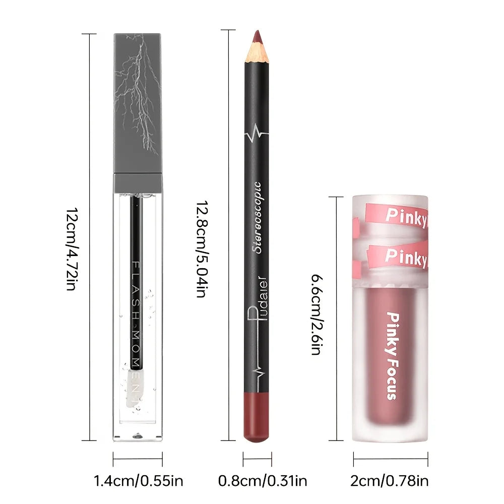 3-Piece Glossy Lip Set – Shimmer Lip Gloss, Lip Oil & Lip Liner