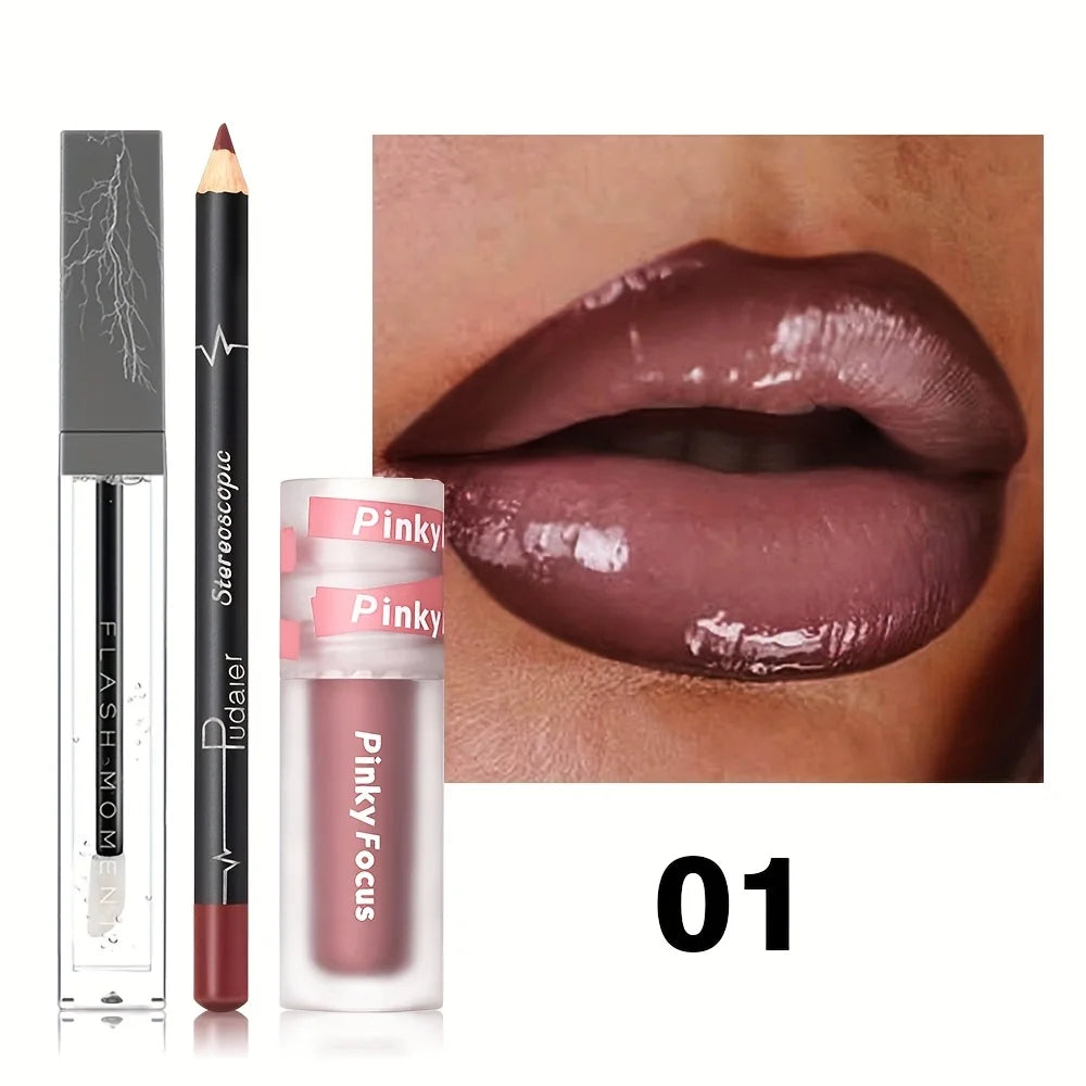 3-Piece Glossy Lip Set – Shimmer Lip Gloss, Lip Oil & Lip Liner