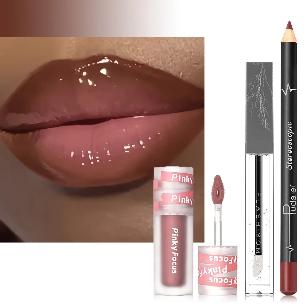 3-Piece Glossy Lip Set – Shimmer Lip Gloss, Lip Oil & Lip Liner