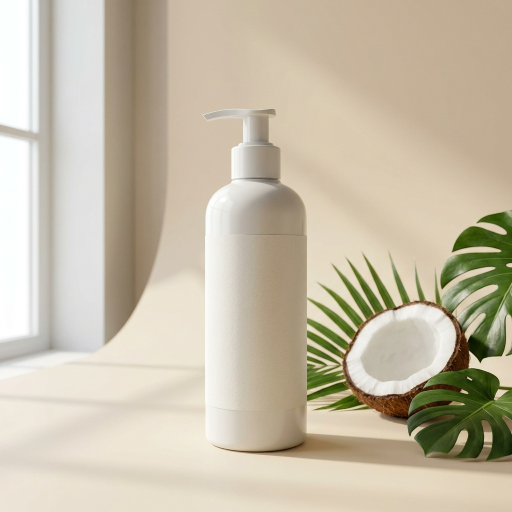 Velé Coconut Oil Body & Face Cream in a clean white pump bottle with fresh coconut