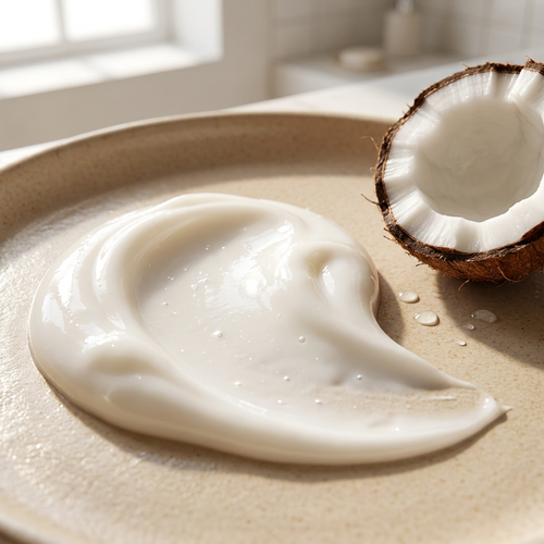 Velé Coconut Oil Cream rich creamy texture swatch with fresh coconut